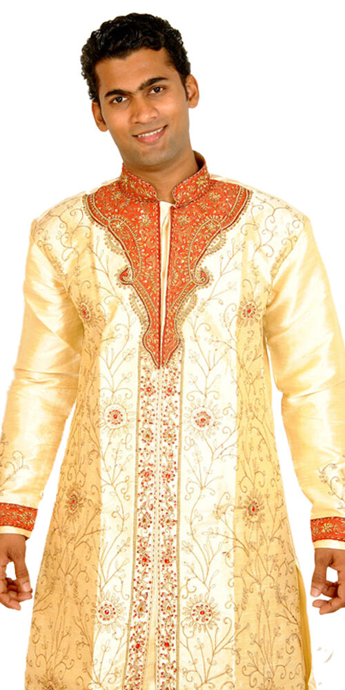 Gold Men’s Sherwani Bollywood Indian Wedding Party Wear Shawl Plus Big Sizes Up to 8XL in Stock
