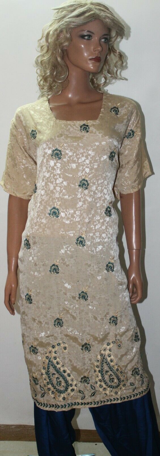 Ivory &Teal Embroidered Suit Designer Soft Crepe Salwar kameez Plus size 56