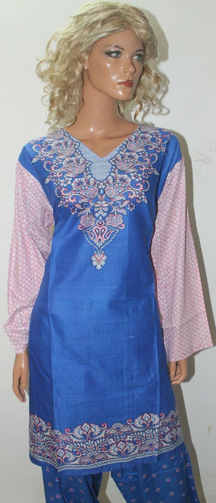Blue Floral Print Cotton Summer Kurta with Dupatta & Trousers Plus size 54