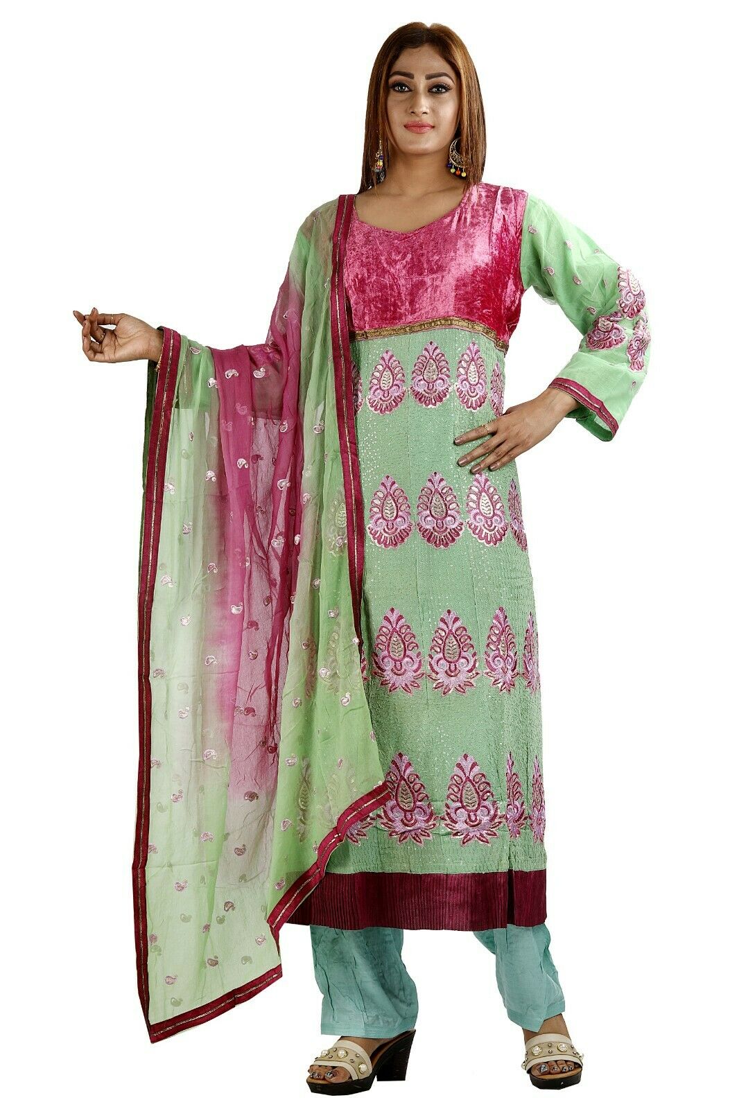 Green Blue Anarkali salwar Kameez Stylish Wedding Party Chest size 44 & 50