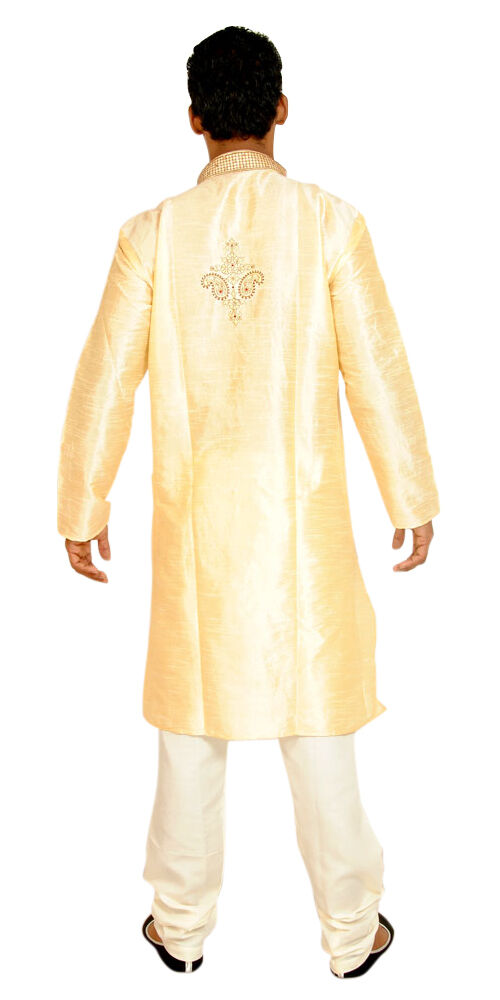 Men’s Golden Silk Kurta Pajama Set with Embroidered Dupatta – Wedding & Festive Wear