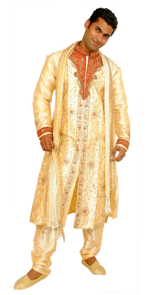 Gold Men’s Sherwani Bollywood Indian Wedding Party Wear Shawl Plus Big Sizes Up to 8XL in Stock