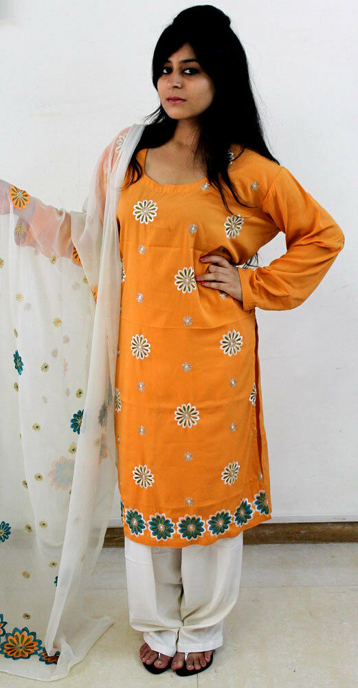 Orange Cream 114  wedding party Designer salwar kameez French crepe Plus sz 48