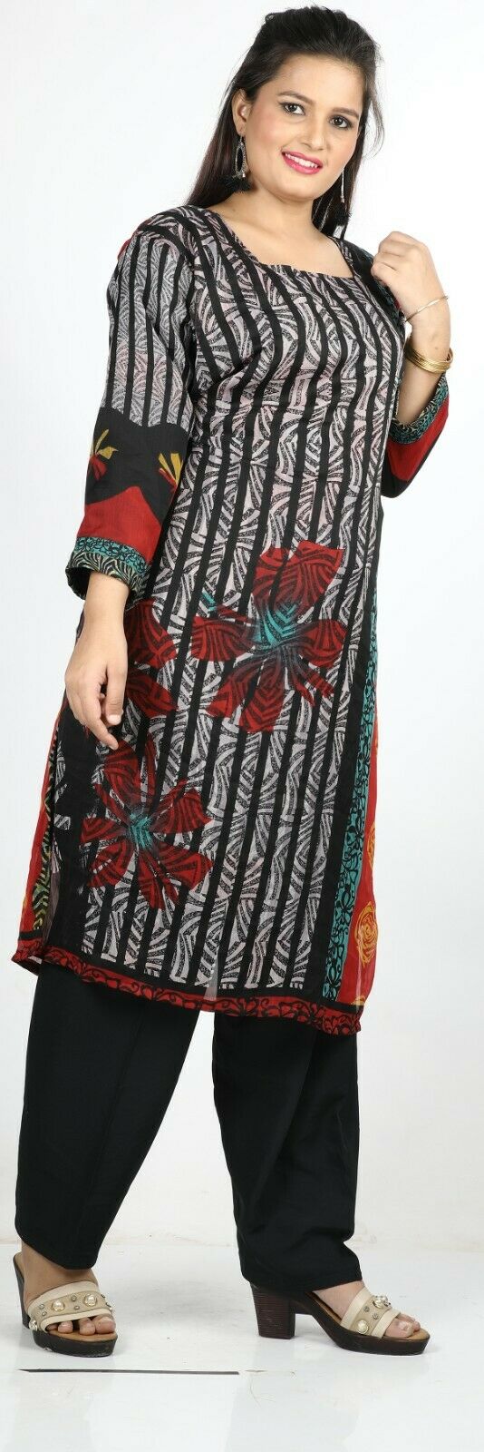 Black Floral Print Summer Salwar Kameez Plus chest 50 Full sleeve Fast ship New