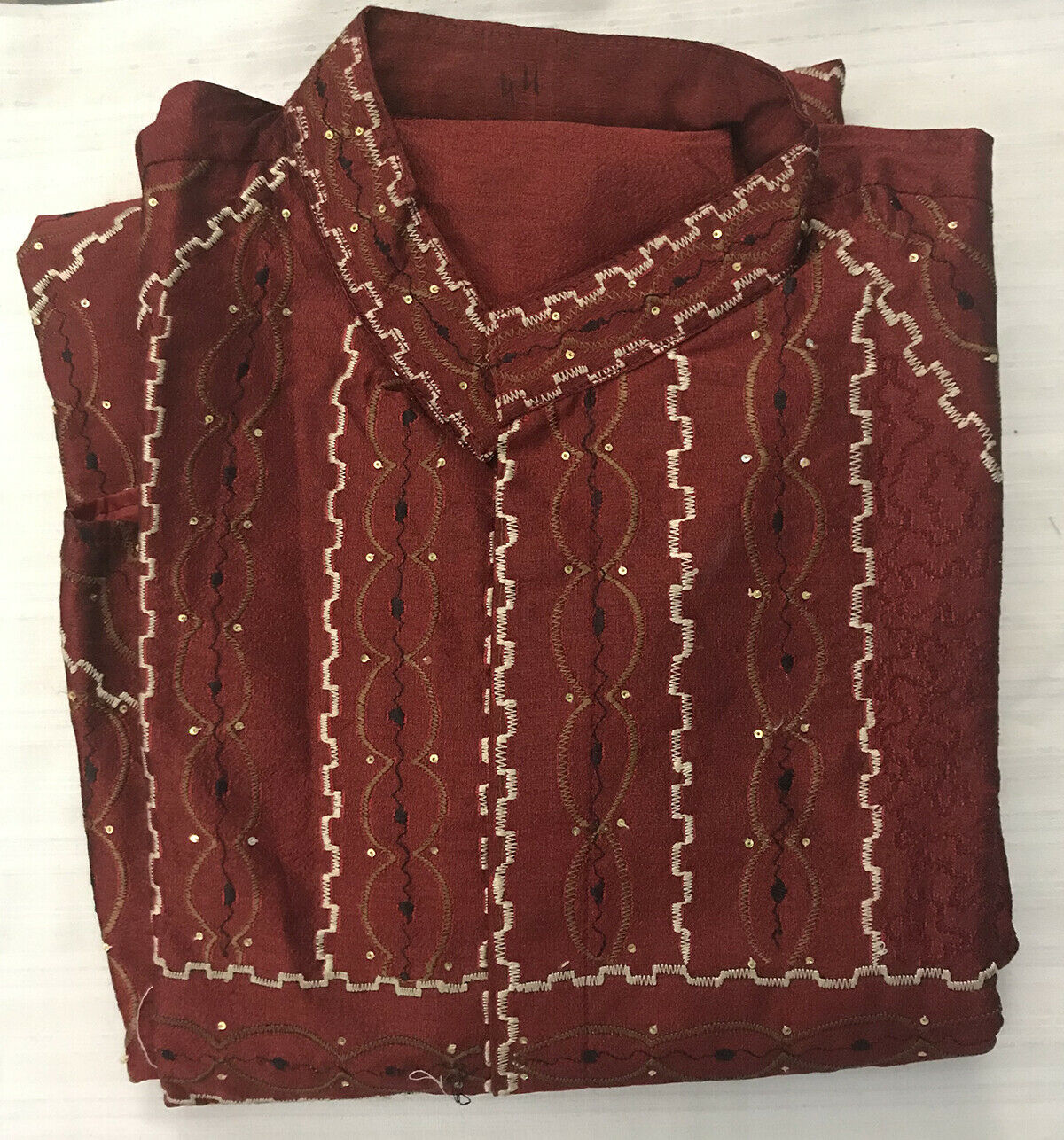 Burgundy Full Embroidered Silk Men Kurta Pajama Sherwani Large