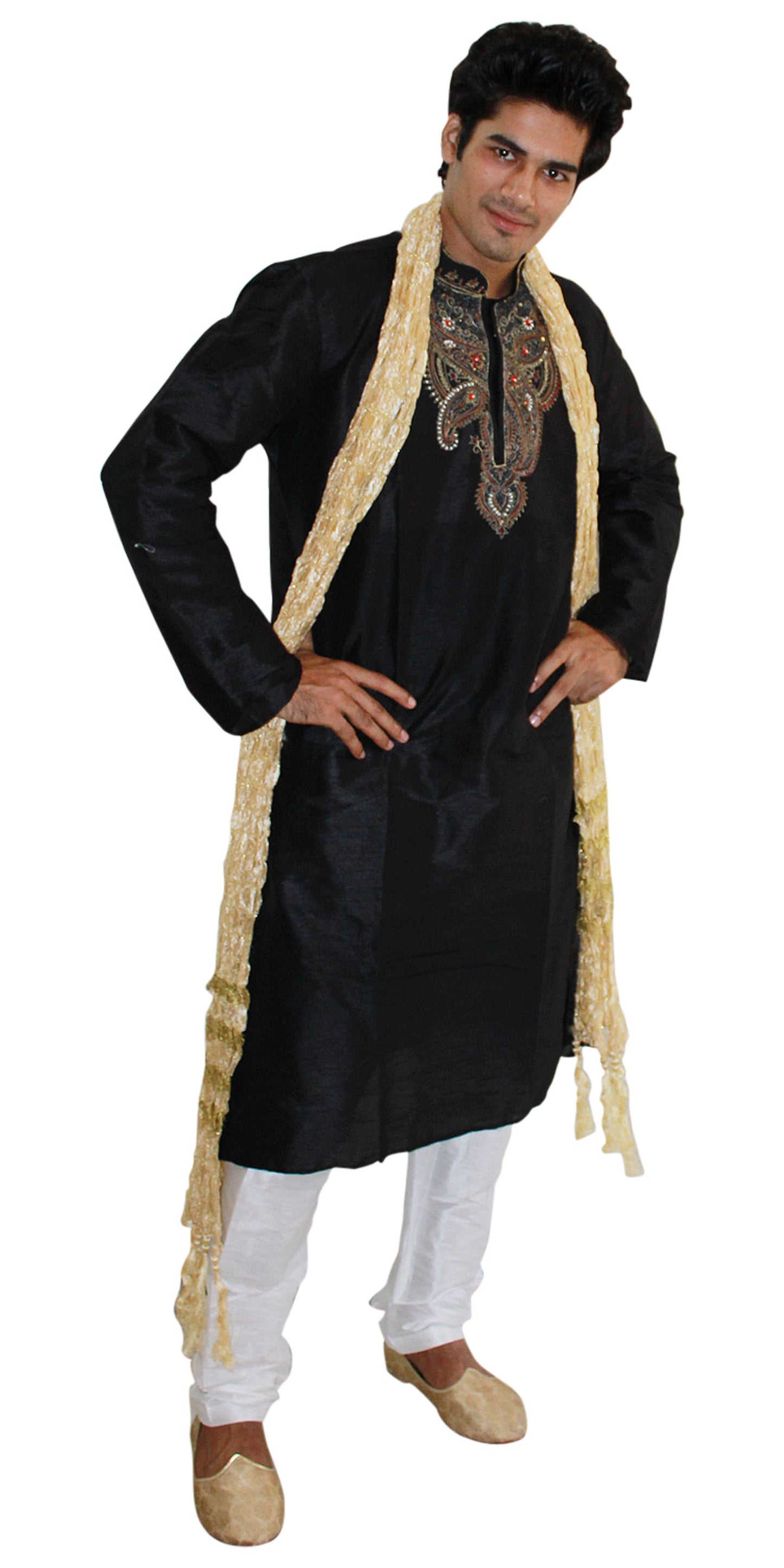 Black Silk Men Kurta Set Indian wedding Party Formal Wear Hand Beads