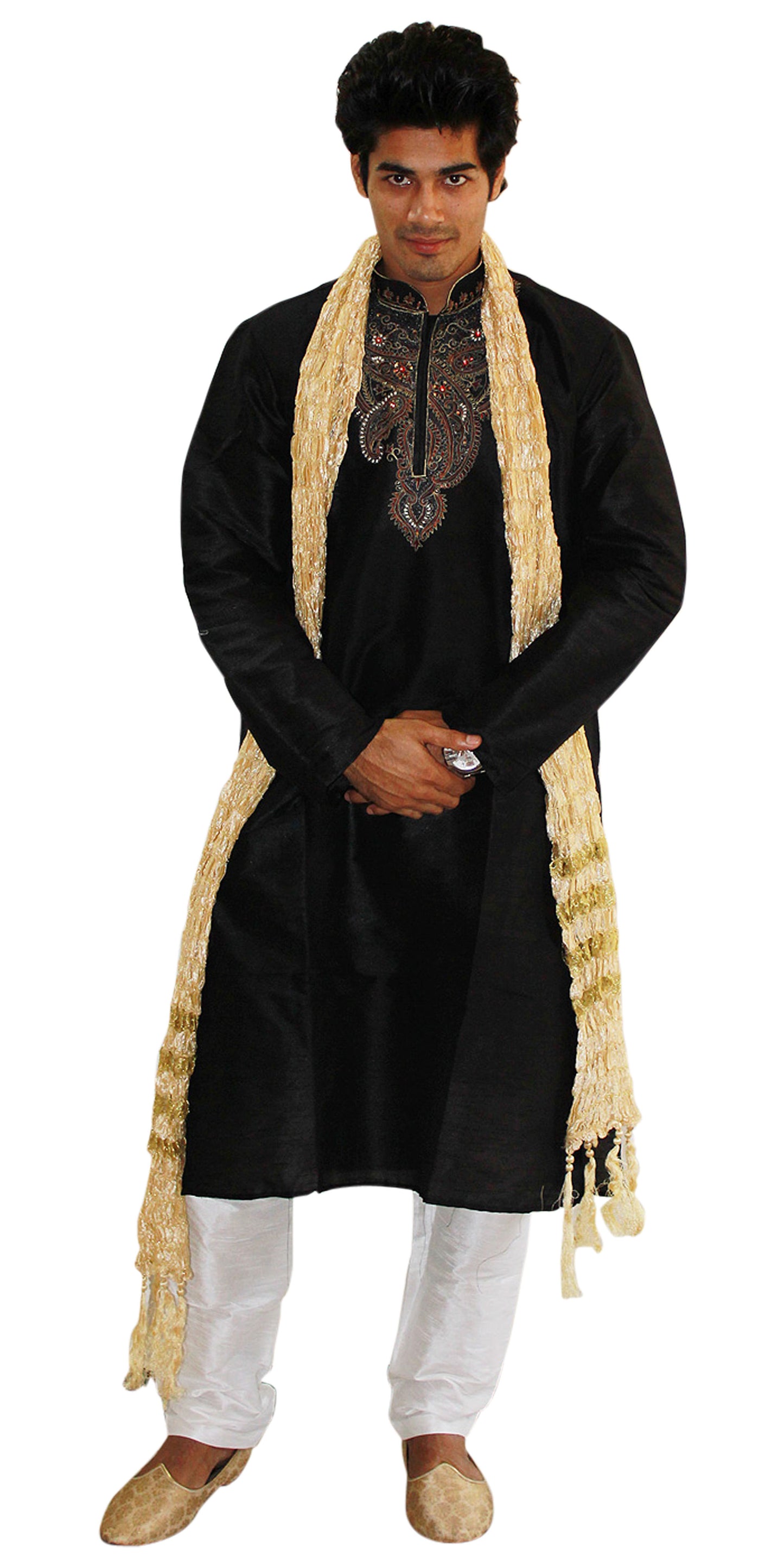 Black  Silk  Men Kurta Set Indian wedding Party Formal Wear Hand Beads