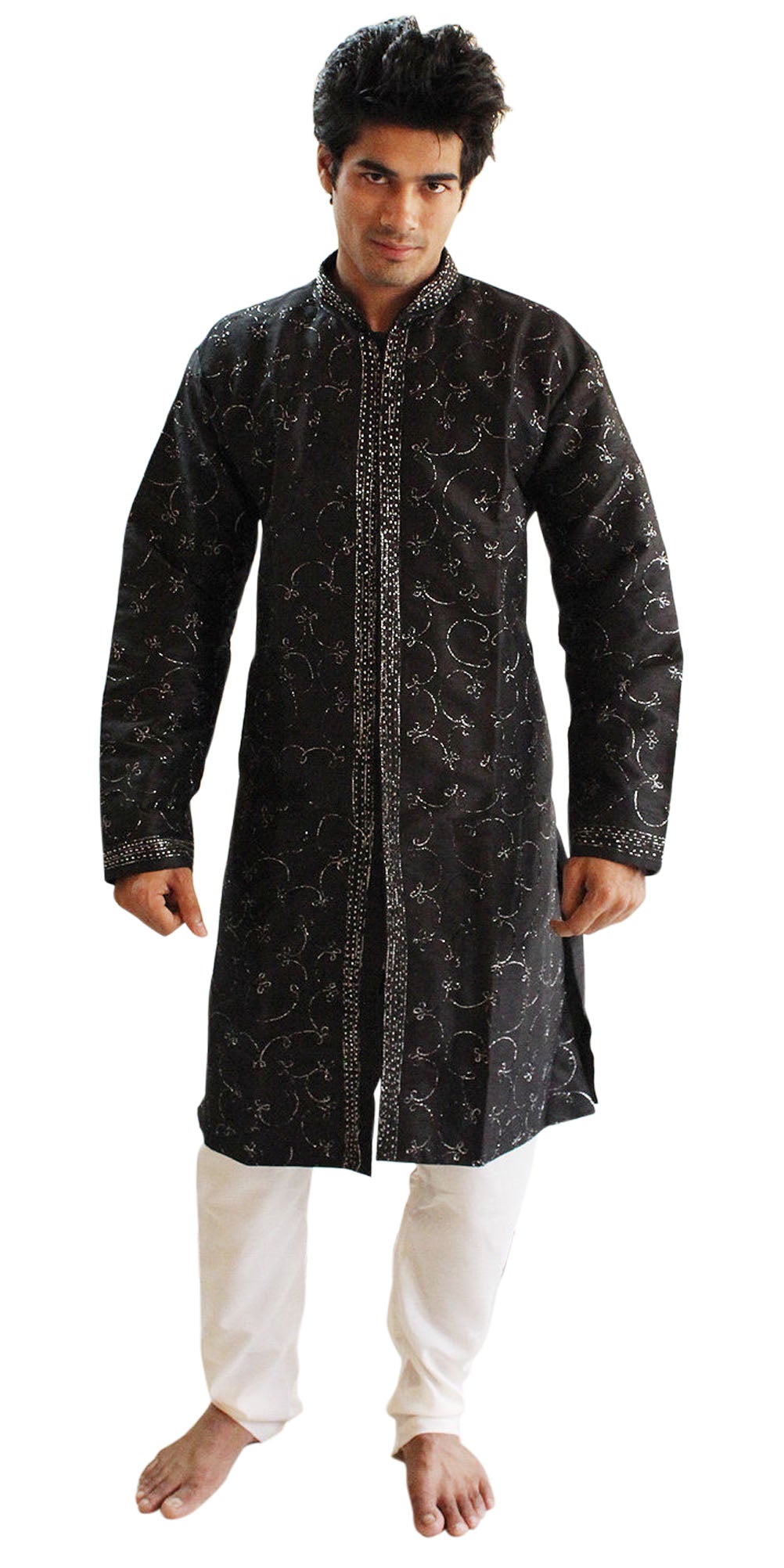 Black  Silk Sherwani Men Kurta Set Indian wedding Party Formal Wear