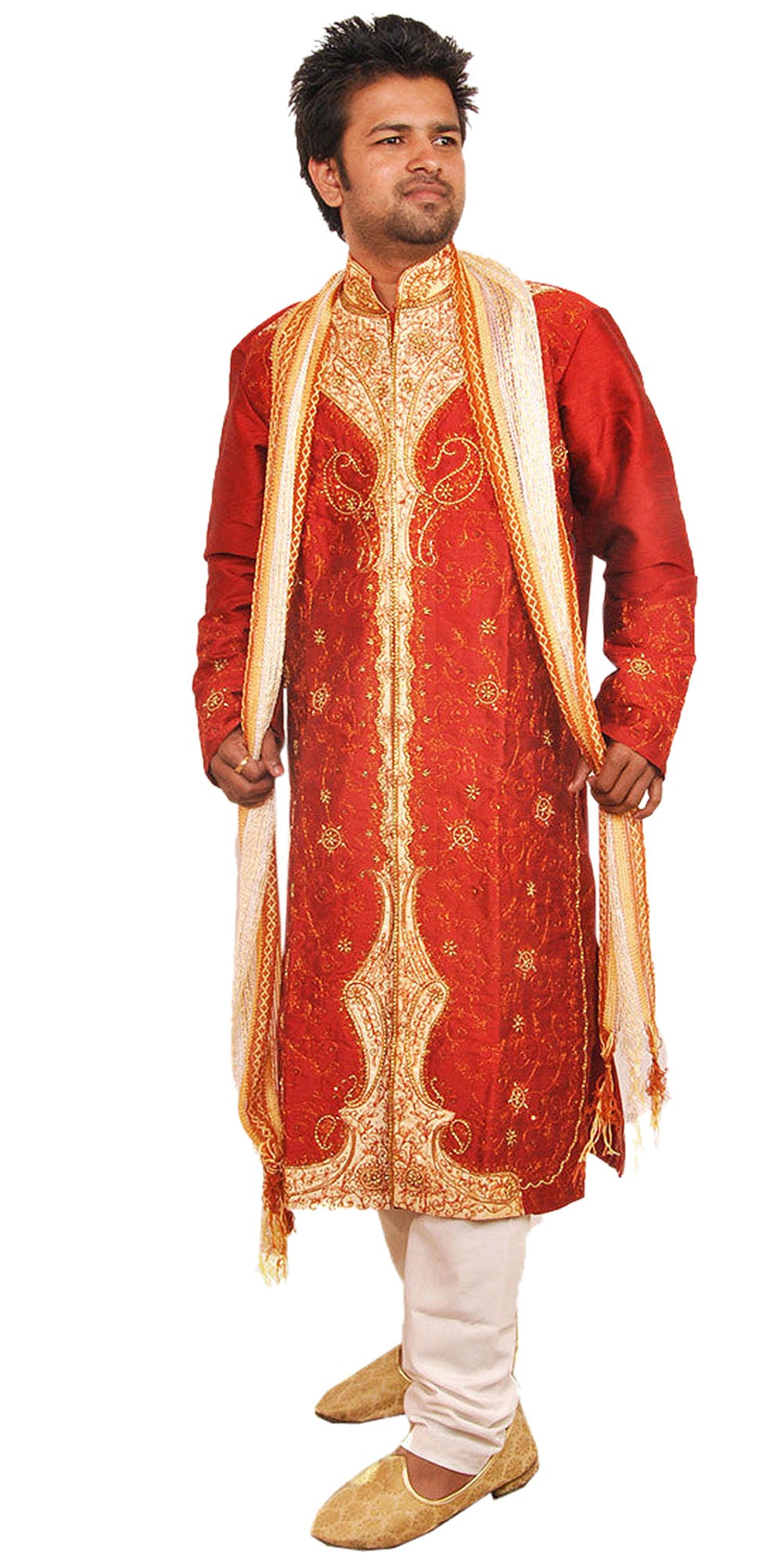 Men’s Red and Gold Embroidered Sherwani Set with Cream Dupatta & Pajama – Indian Wedding & Party Wear | Plus Sizes up to 8XL