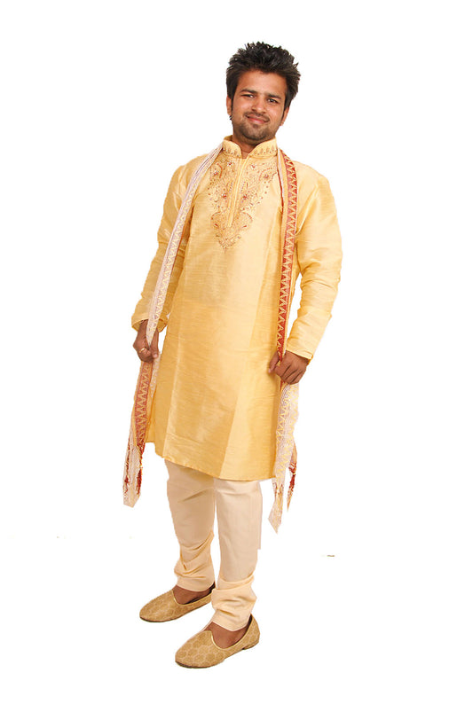 Golden  Silk  Men’s Kurta Salwar with Matching Shawl | Ethnic Men’s Kurta Salwar