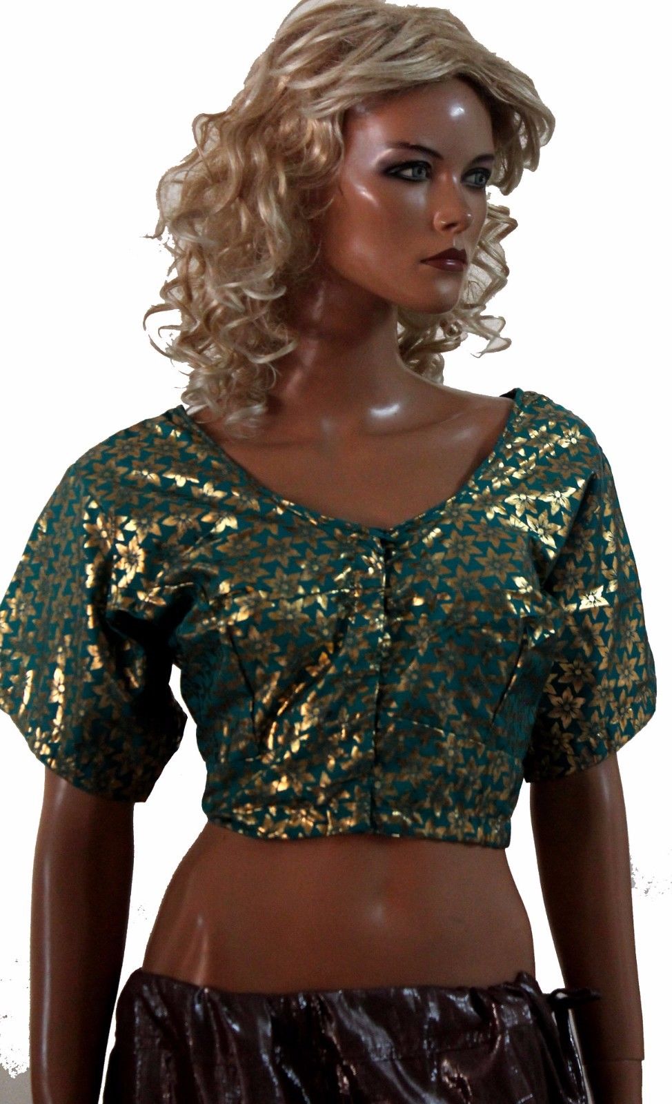 Green Shinny Bollywood Designer Saree Indian Sari Choli Blouse Crop Top