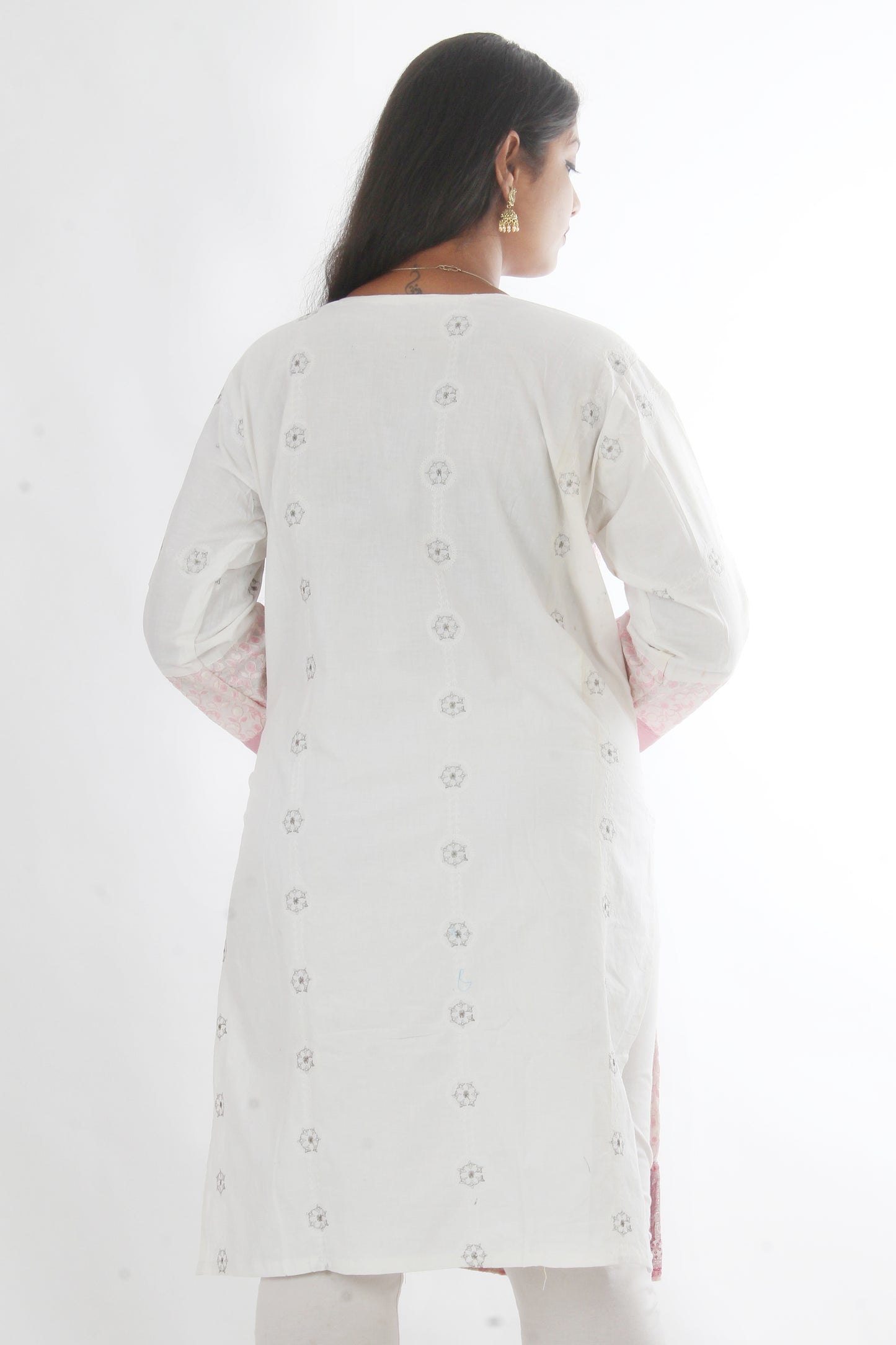 White Cotton Embroidered Long Kurta Dress Plus Chest 46 Free Shawl