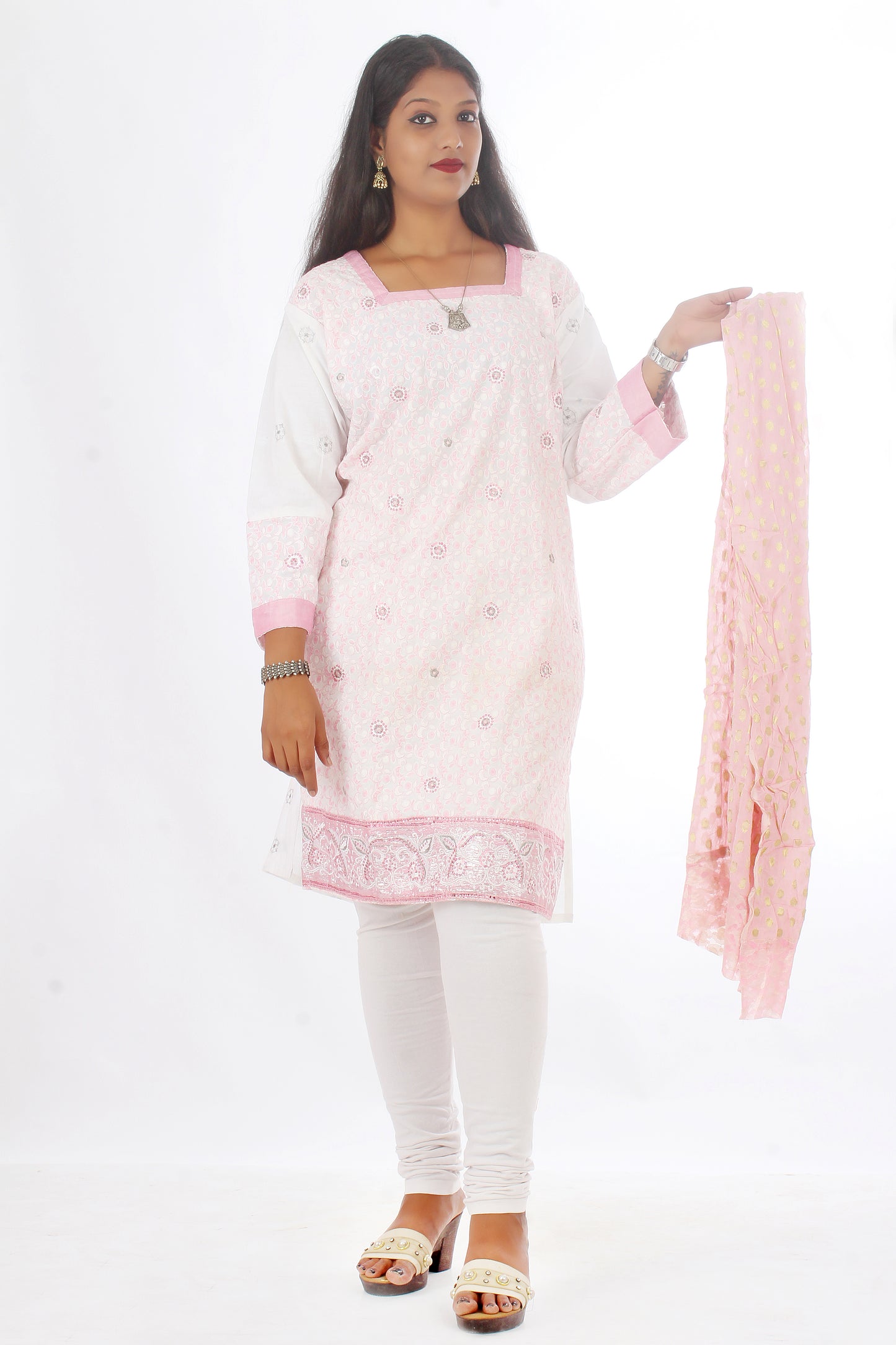 White Cotton Embroidered Long Kurta Dress Plus Chest 46 Free Shawl
