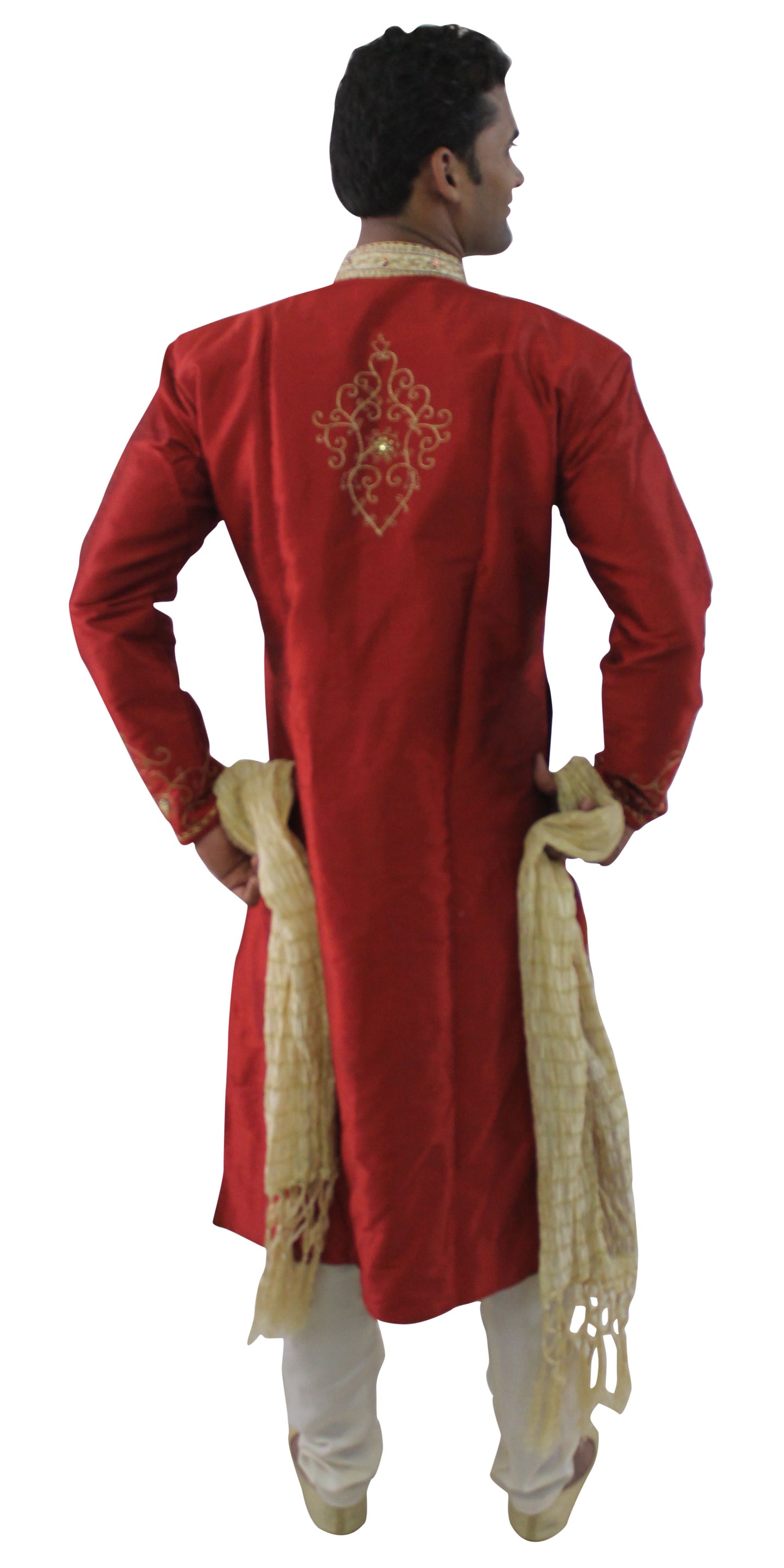 Men’s Red and Gold Embroidered Sherwani Set with Cream Pajama & Dupatta – Indian Wedding & Festive Wear | Plus Sizes up to 8XL