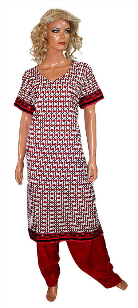 Red Diamond Print Cotton Salwar Kameez chest size 52
