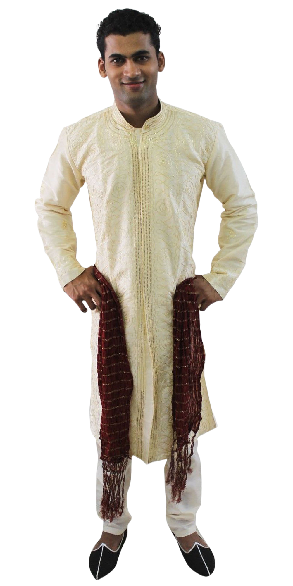 Men’s Dark Maroon Crinkle Dupatta Shawl with Golden Thread Work | Traditional Wedding Scarf for Kurta & Sherwani