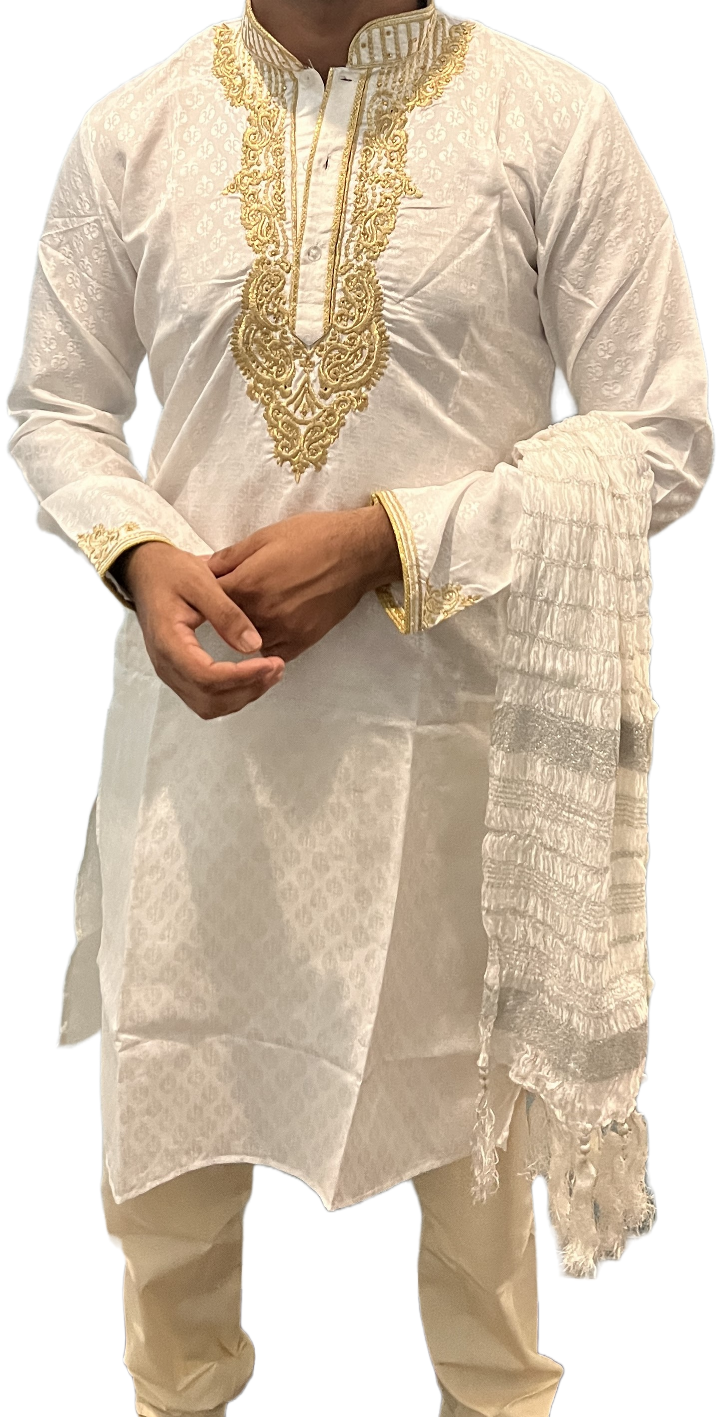 White Men Embroidered Kurta Pajama Shawl Set