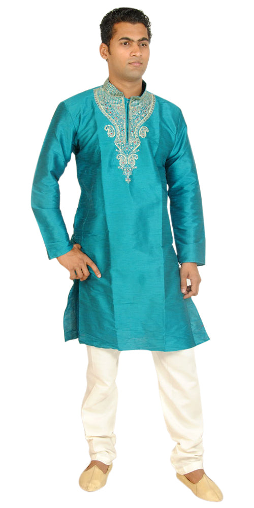 Men’s Teal Silk Kurta Pajama Set with Cream Dupatta – Indian Party & Wedding Wear | Plus Sizes up to 8XL