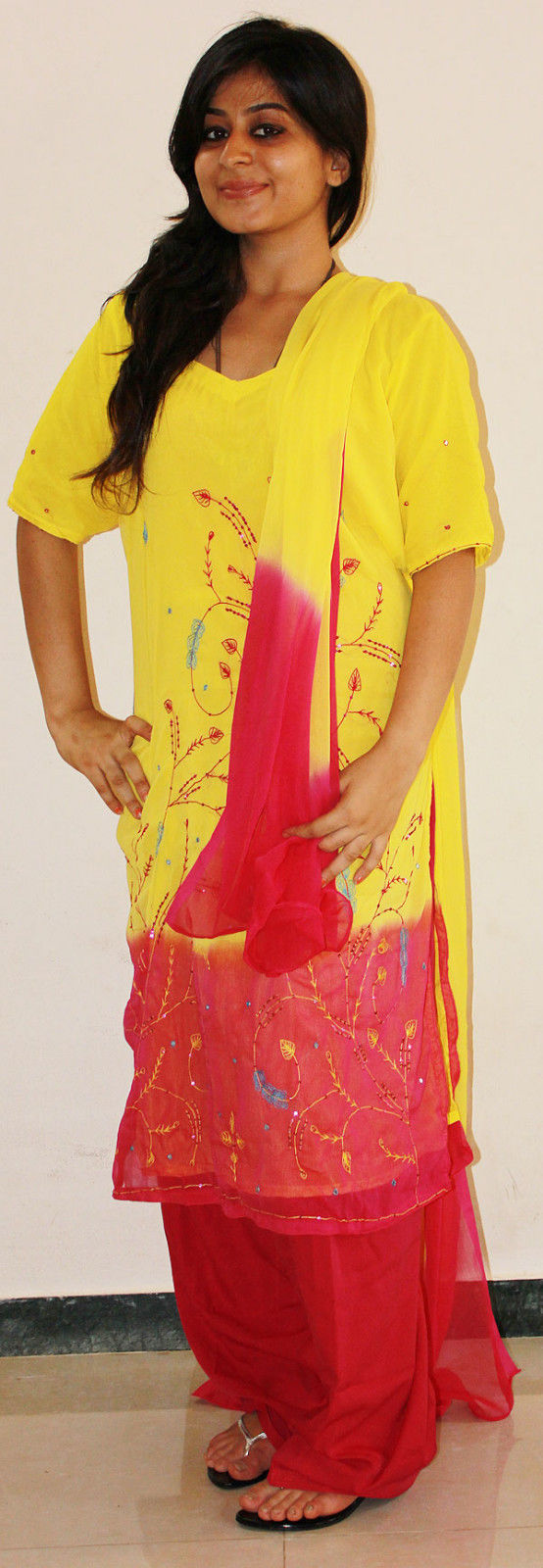 Yellow Pink Chiffon Salwar kameez Chest size 44