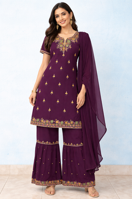 Purple embroidered shirt sleeves dress Indian wedding party wear