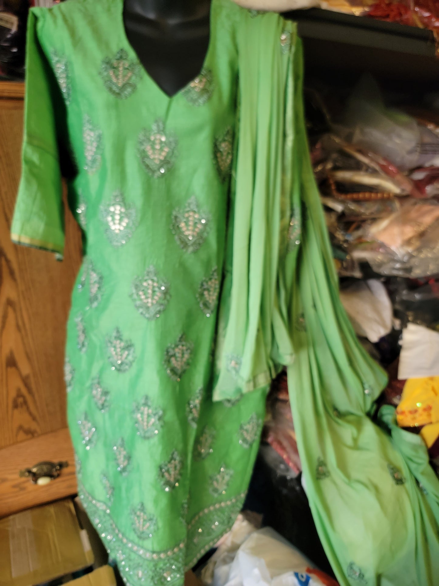 Green Hand Embroidered Cotton silk  Dress Salwar kameez Dress Plus Chest Size 48 Indian Wedding Party wear