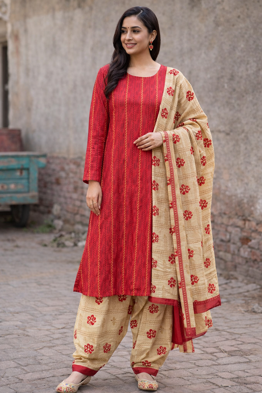 Red cotton   salwar kameez Dupatta chest size 48