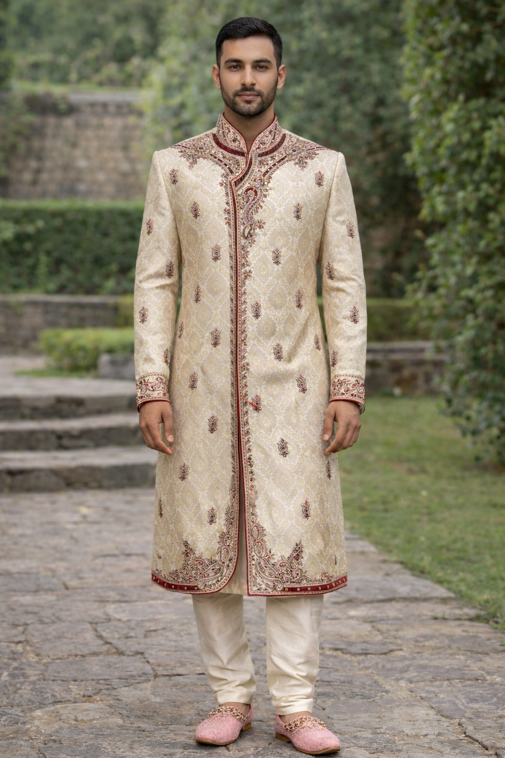 Beige Men sherwani set Indian Wedding party wear Bollywood Size XL & XXL