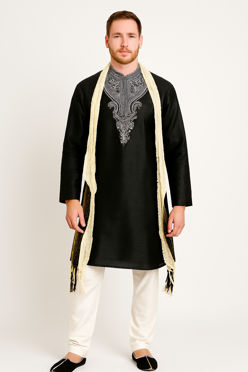 Black Men’s Kurta Pajama Set Wedding  Matching Shawl Big Plus Sizes up to 8XL in Stock