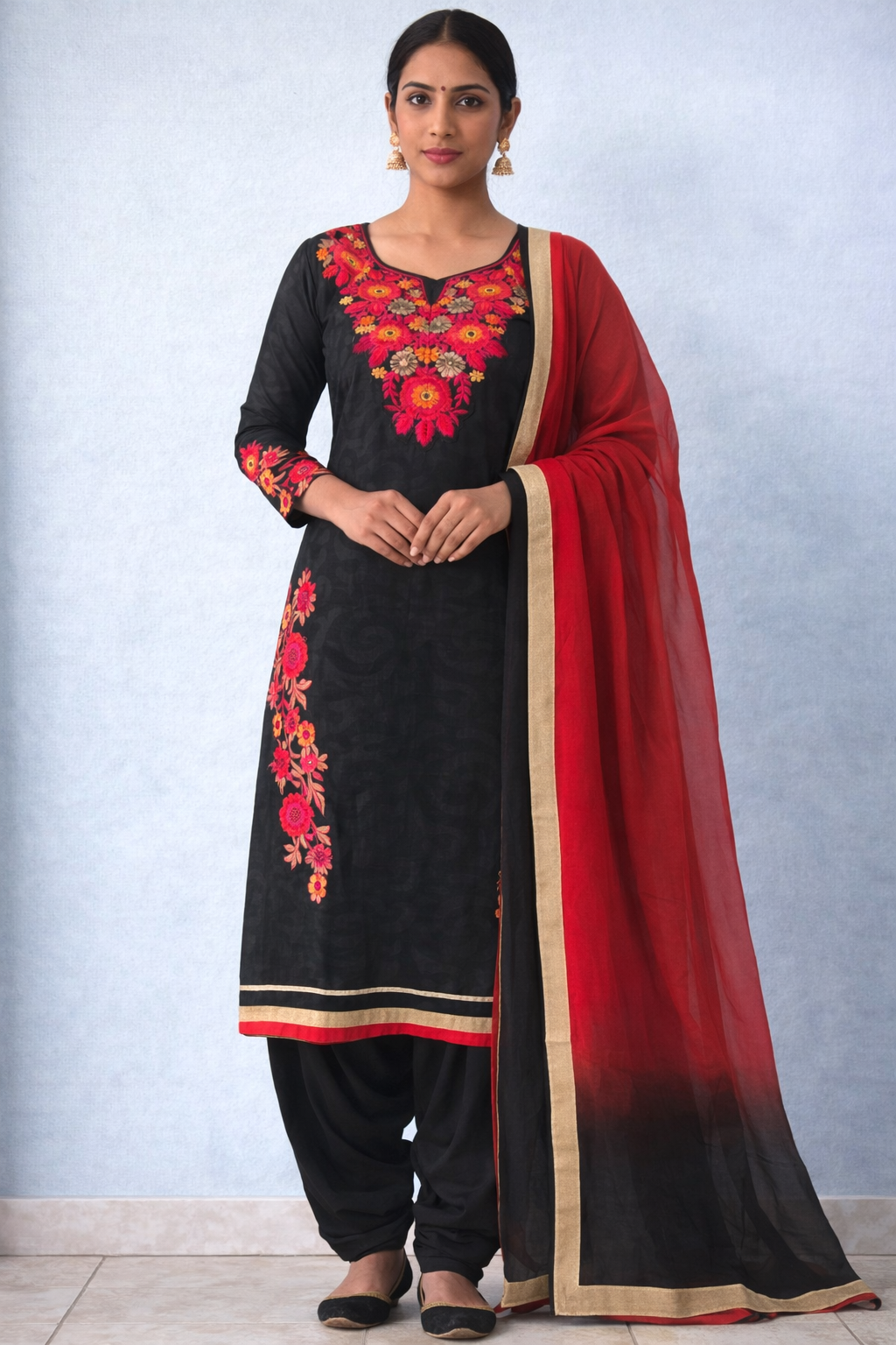 Black Cotton Embroidered Salwar kameez dress Plus chest size 54 Long sleeves