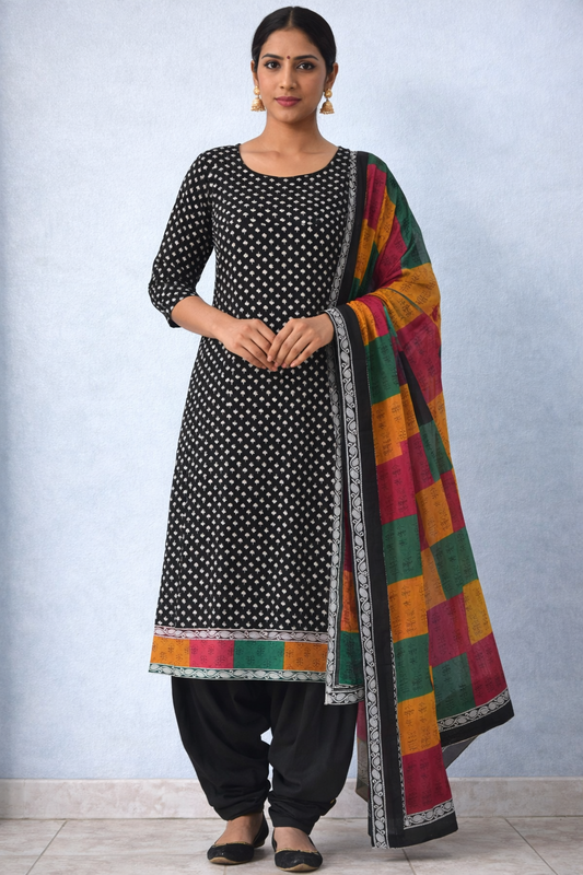 Black Printed Salwar kameez Dress Cotton Plus Chest size 52 Long sleeves