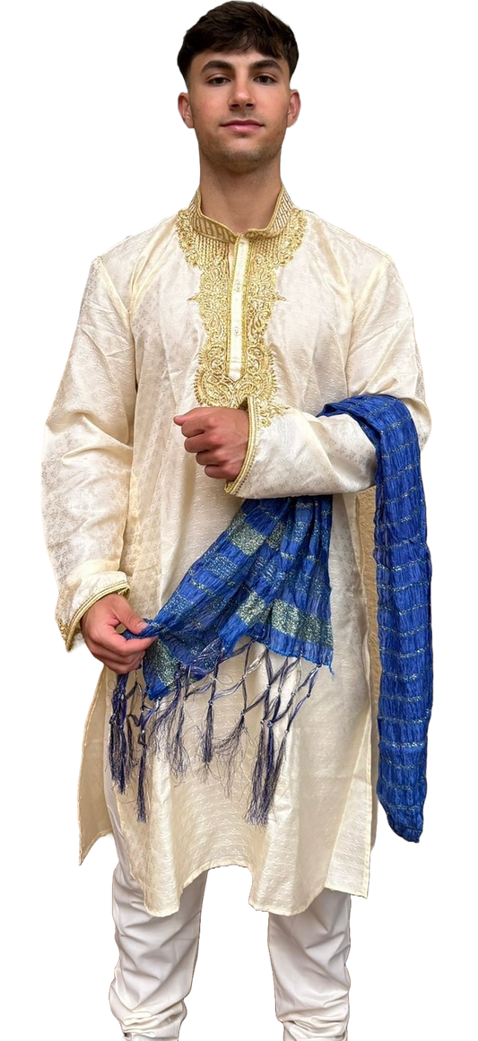 Blue Men's  Festive Crushed Silk Dupatta Shawl with Gold Accents