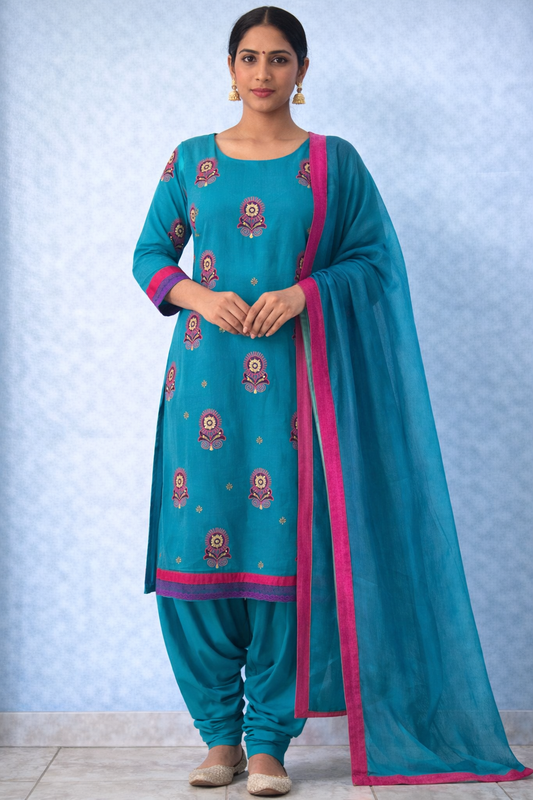 Blue Embroidered Salwar Kameez Set with Dupatta Plus Chest size 54