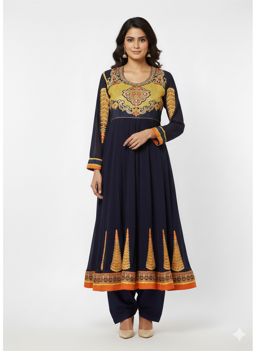 Blue Embroidered Anarkali long Gown Salwar kameez Indian wedding Party wear chest size 40