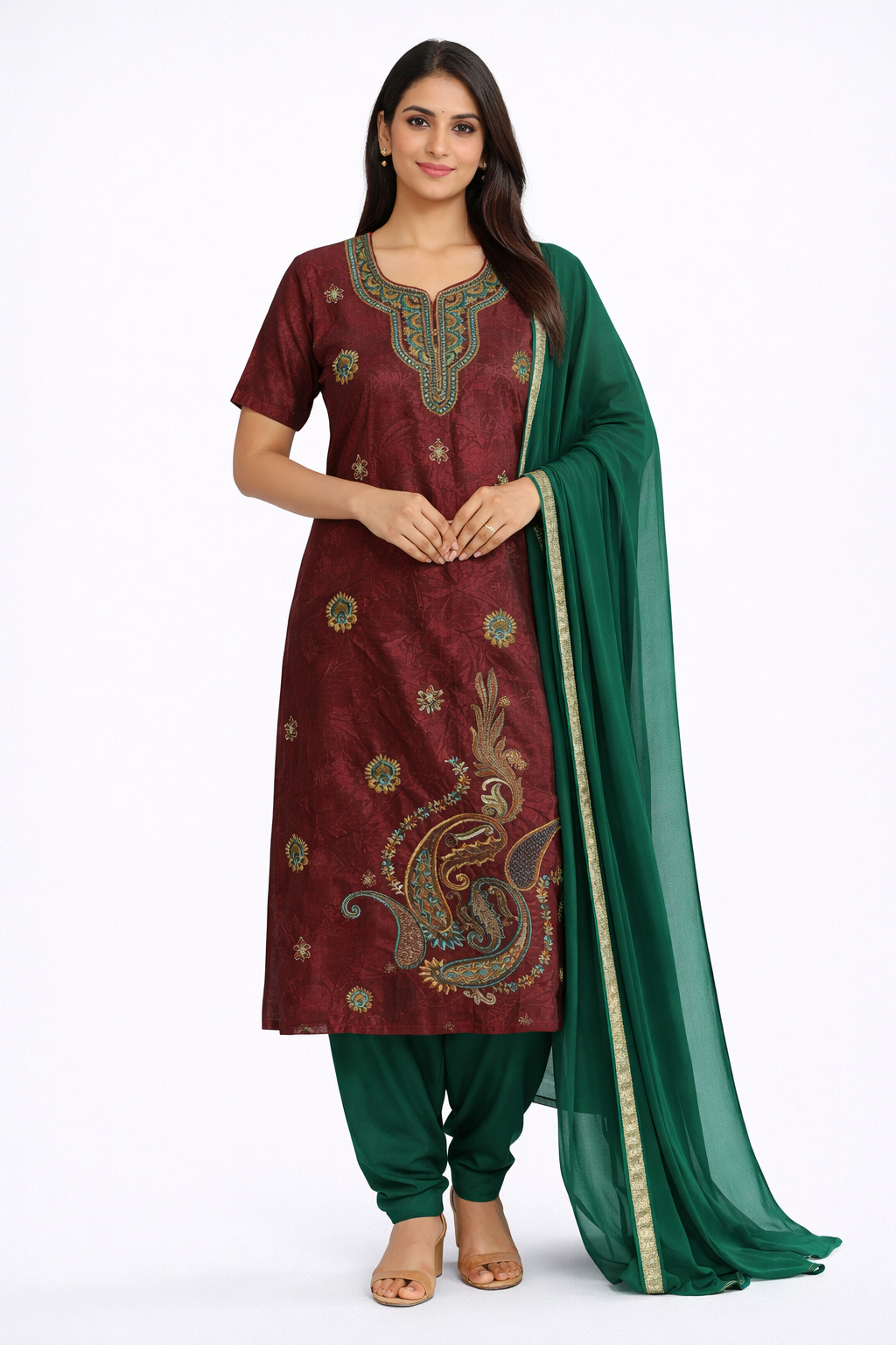 Brown silk Embroidered salwar kameez dress Plus size 50 short sleeves