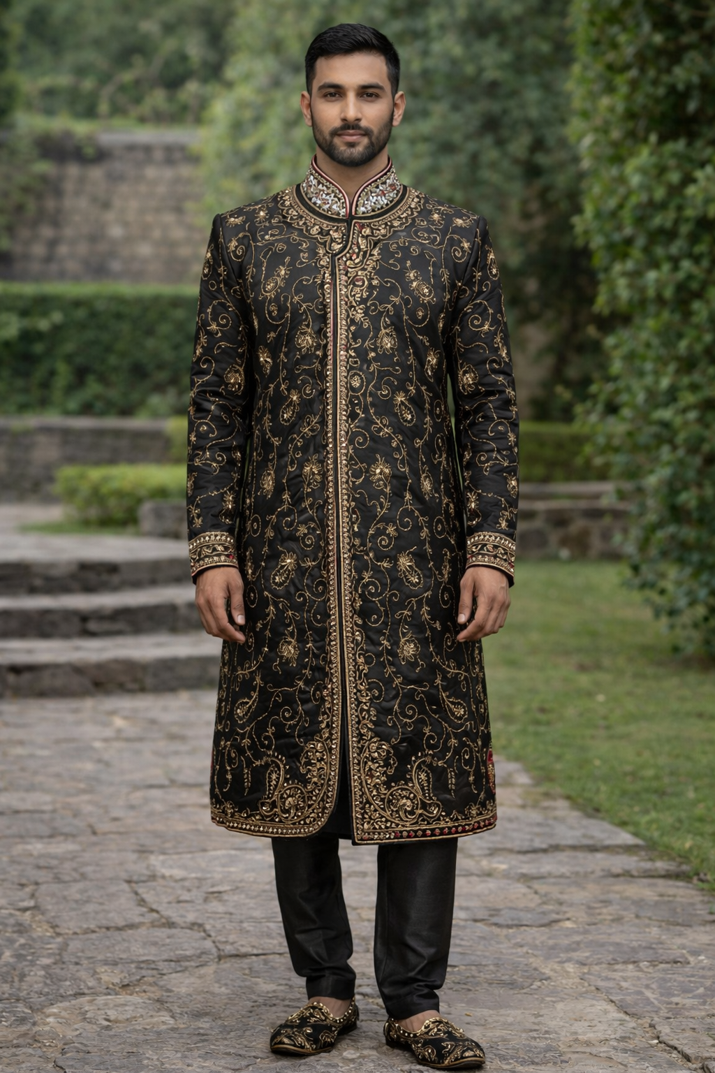 Black Designer  Men sherwani Indian wedding Party Wear Size 2XL