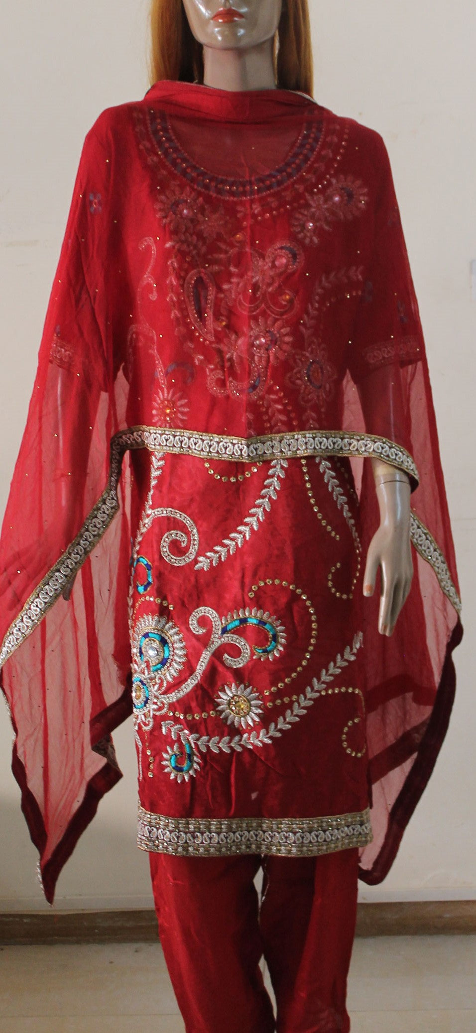 Red Hand Beaded Crepe  Salwar kameez Dress Plus Chest Size 52 Indian Wedding Party wear