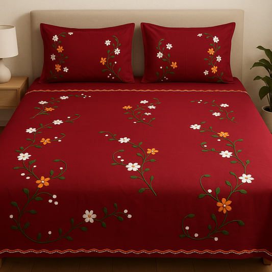 Burgundy Hand Embroidered Indian Traditional Cotton Bedsheet  2 Pillow cover