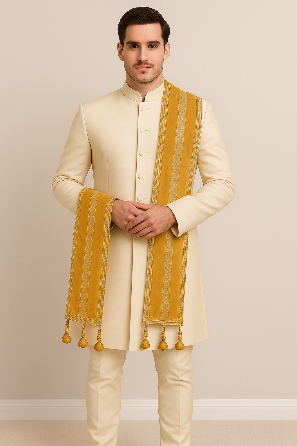 Gold  Velvet Men’s Dupatta with Gold Border | Sherwani Shawl for Wedding & Reception