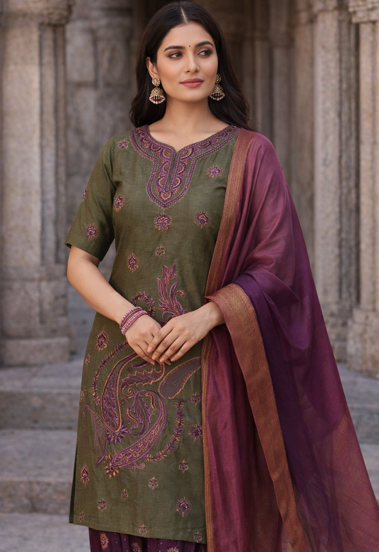 Green Silk Plus Chest  Size 50 Embroidered Salwar Kameez Set