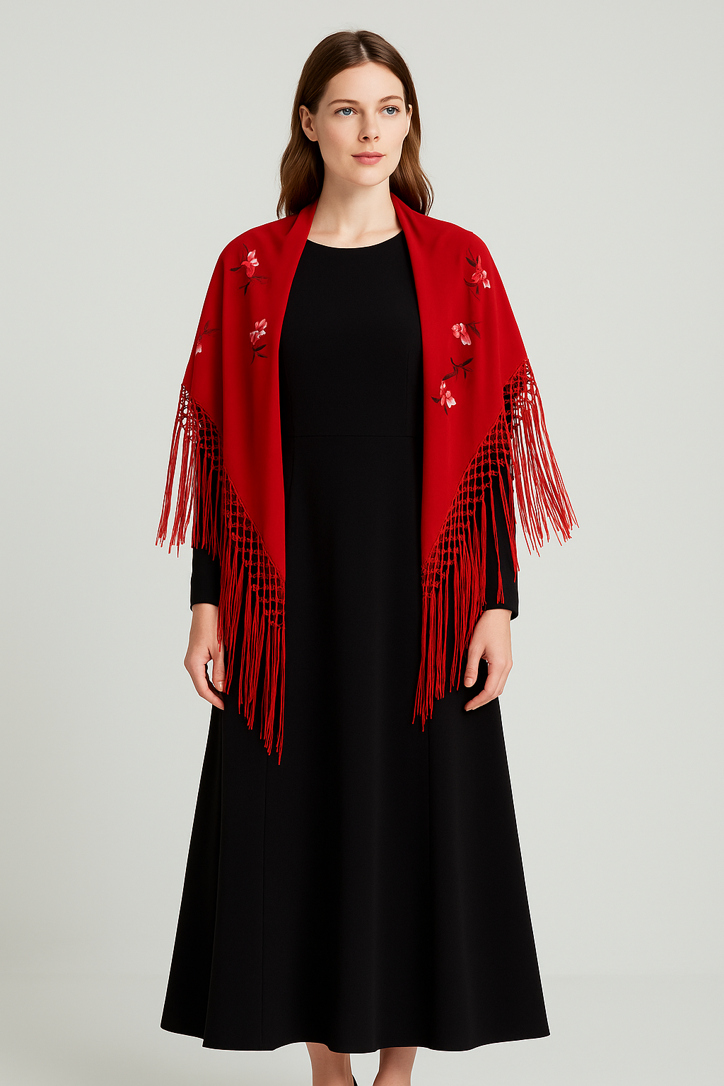 Red Chiffon Shawl with Fringe Detailing – Versatile Cape Style Wrap for Women