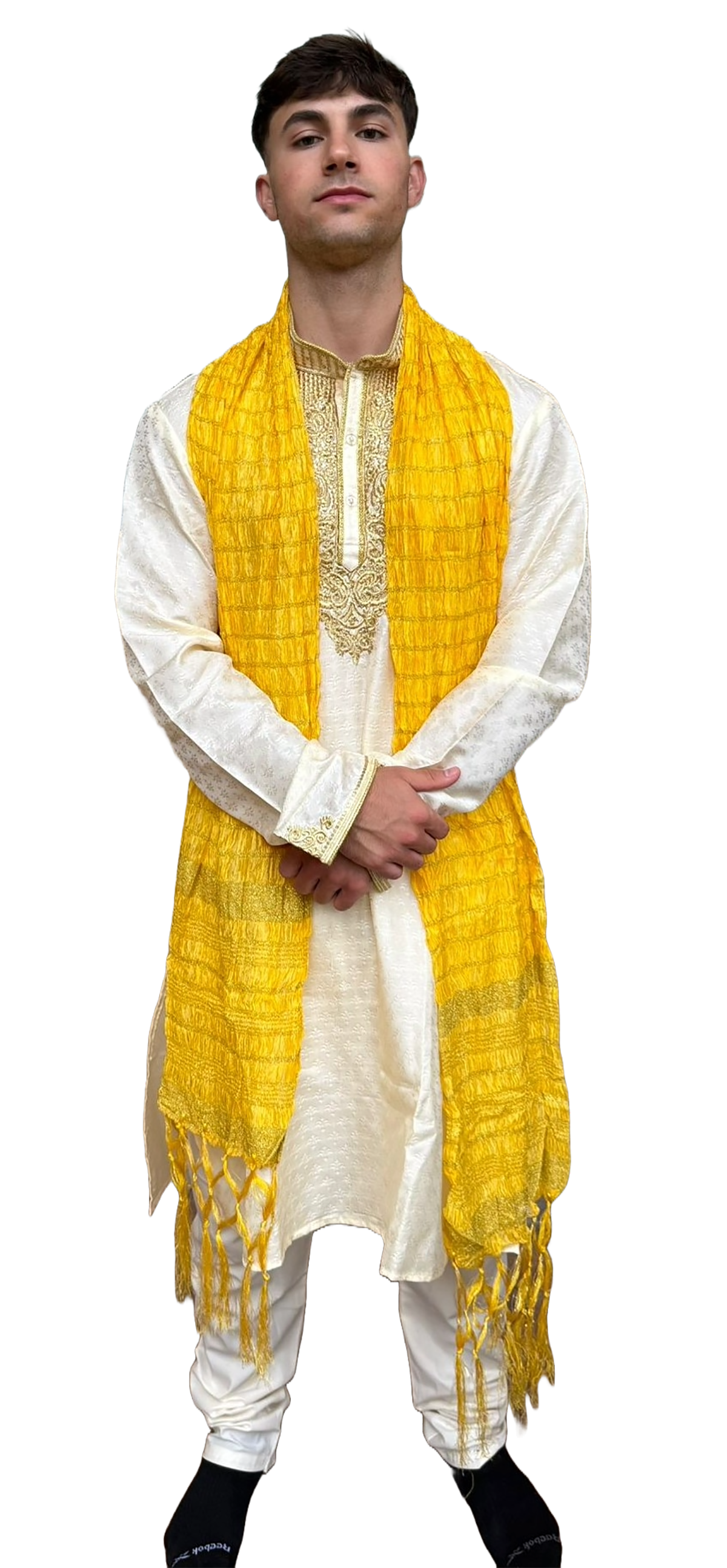 Men's Yellow Crushed Silk Festive Dupatta with Gold Zari Accents