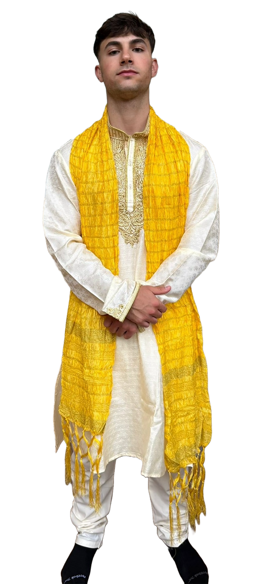 Men's Yellow Crushed Silk Festive Dupatta with Gold Zari Accents