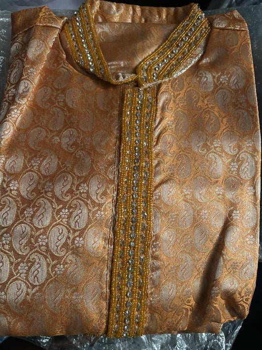 Orange brocade men kurta pajama set size x small and small
