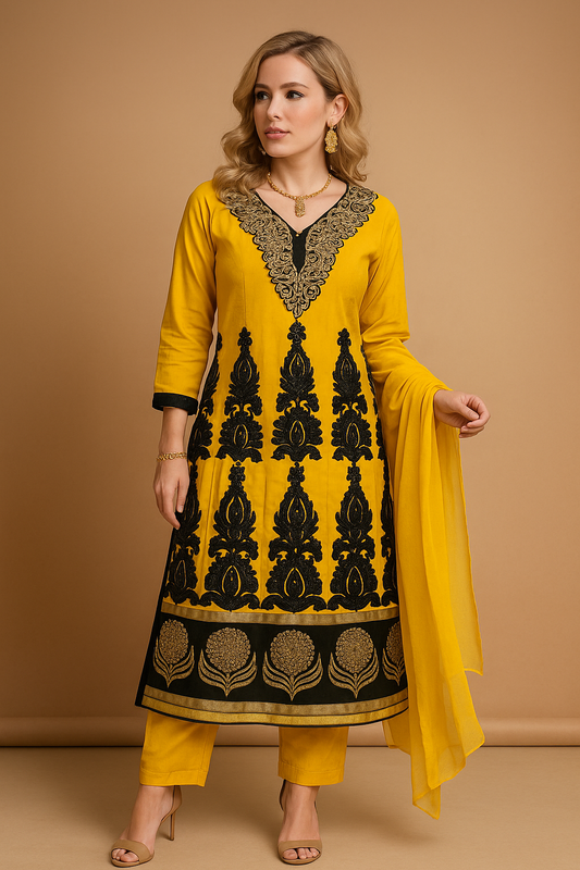 Yellow  salwar kameez Dupatta set plus chest size  48