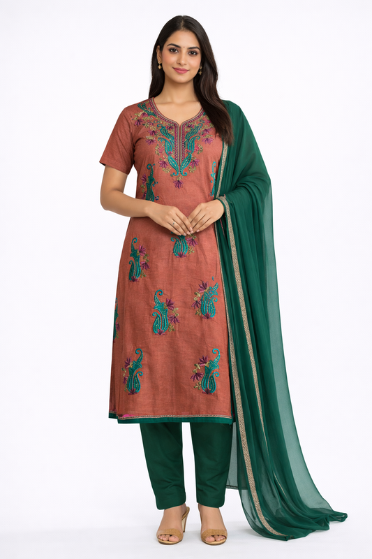 Brown short Sleeve Plus Size  54 Embroidered Salwar Kameez Set