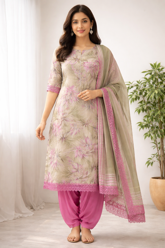 Printed pink  Salwar Kameez Set – Plus  Chest Size 54