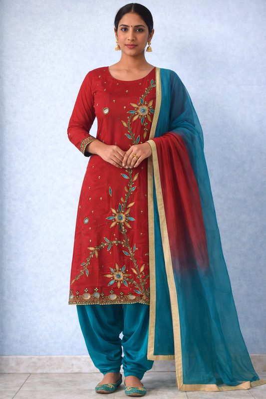 Red Beaded Cotton Salwar kameez Dress Plus size 52 Long sleeves