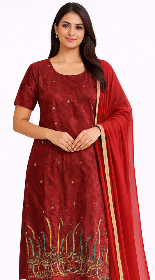 Red Beaded Cotton salwar kameez dress Plus size 50