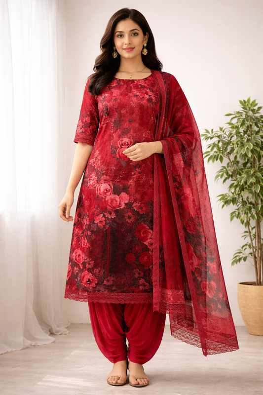 Elegant Red floral salwar kameez Plus Chest size 52