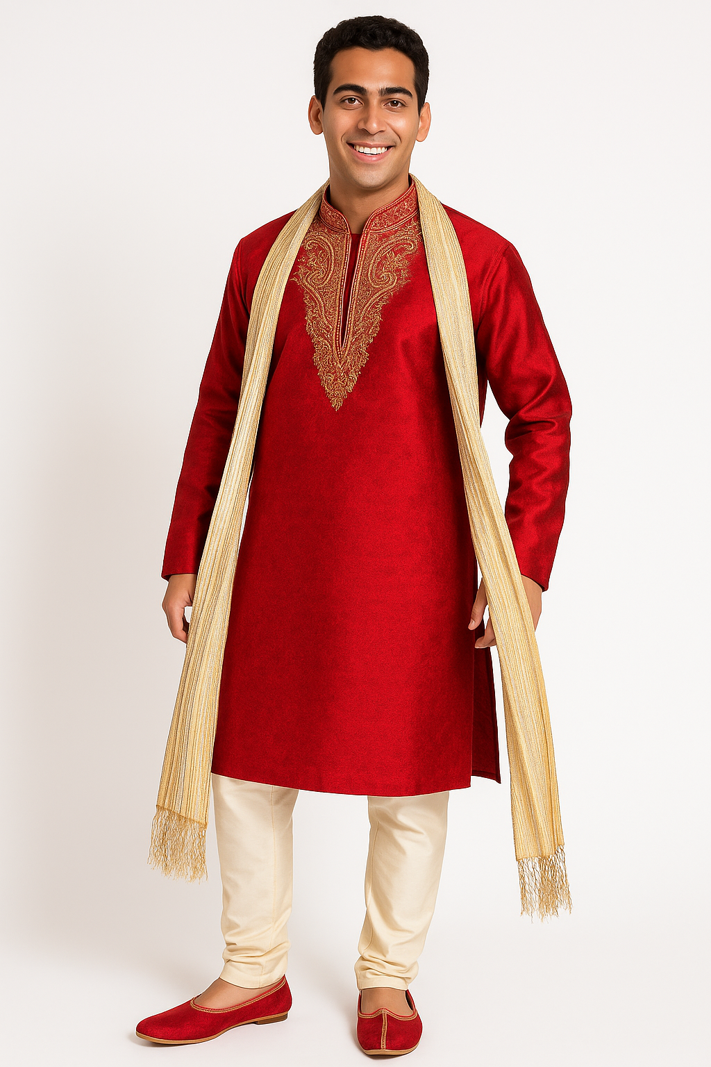 Men’s Red Embroidered Kurta Pajama Set with Cream Dupatta – Wedding & Festive Wear